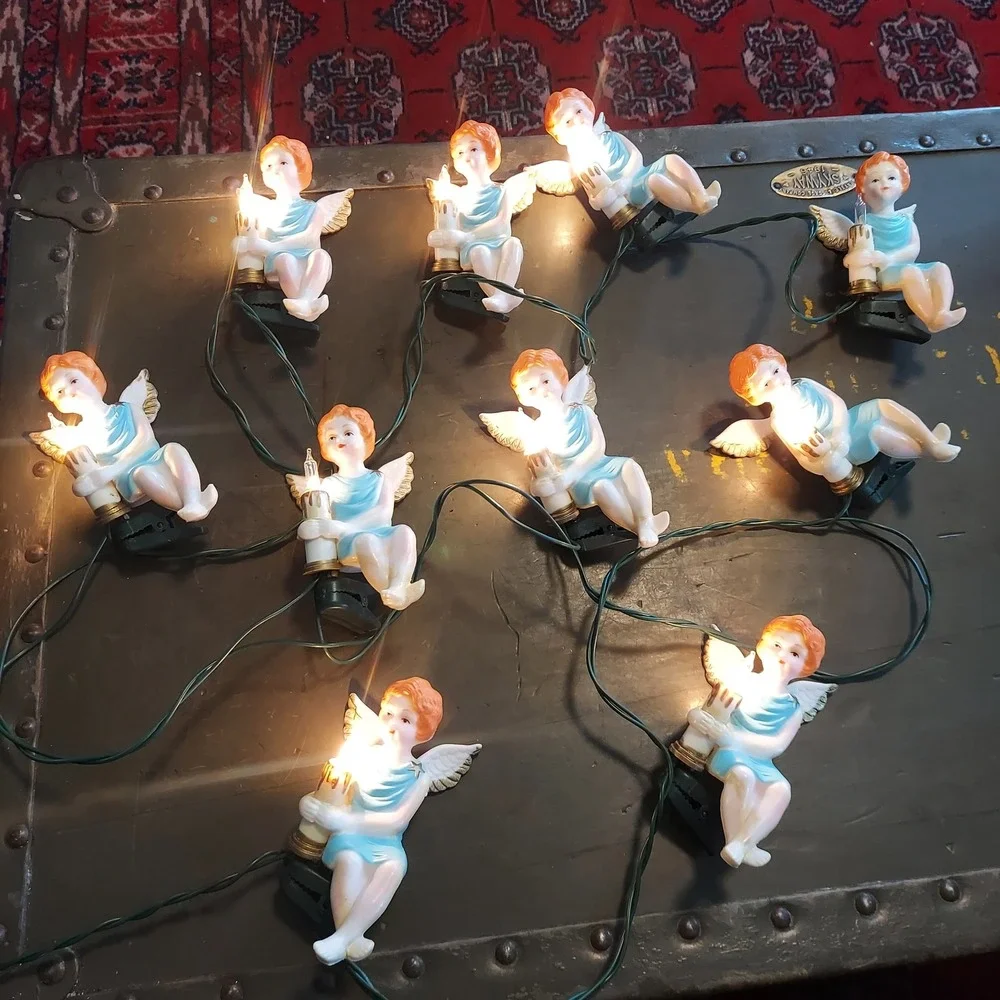 Vintage Silvestri Angel Christmas String Lights 10 Count Clip On Cherub Blue 4in